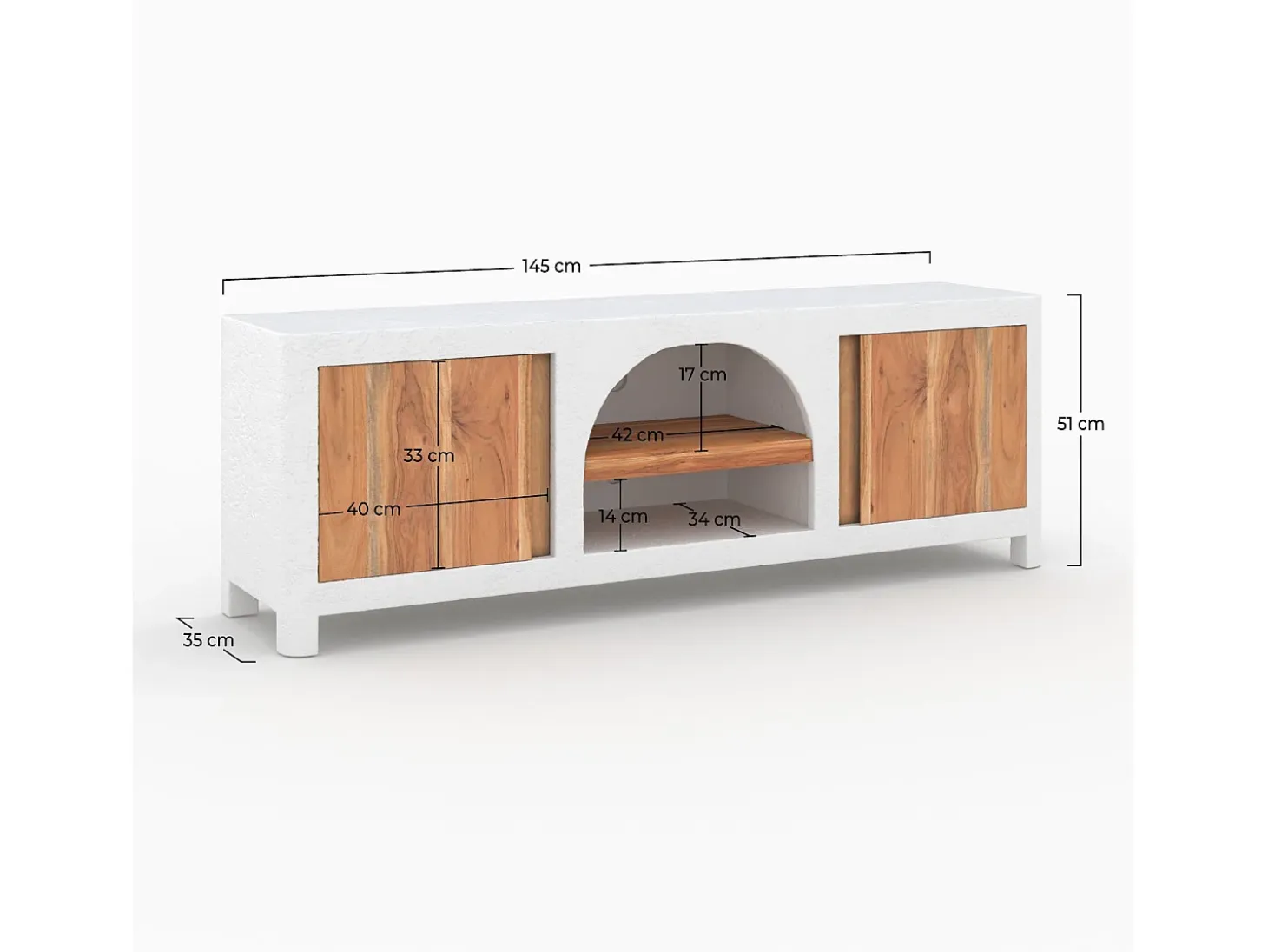 Mueble de TV en concreto blanco roto y madera de acacia 145 cm - Fira