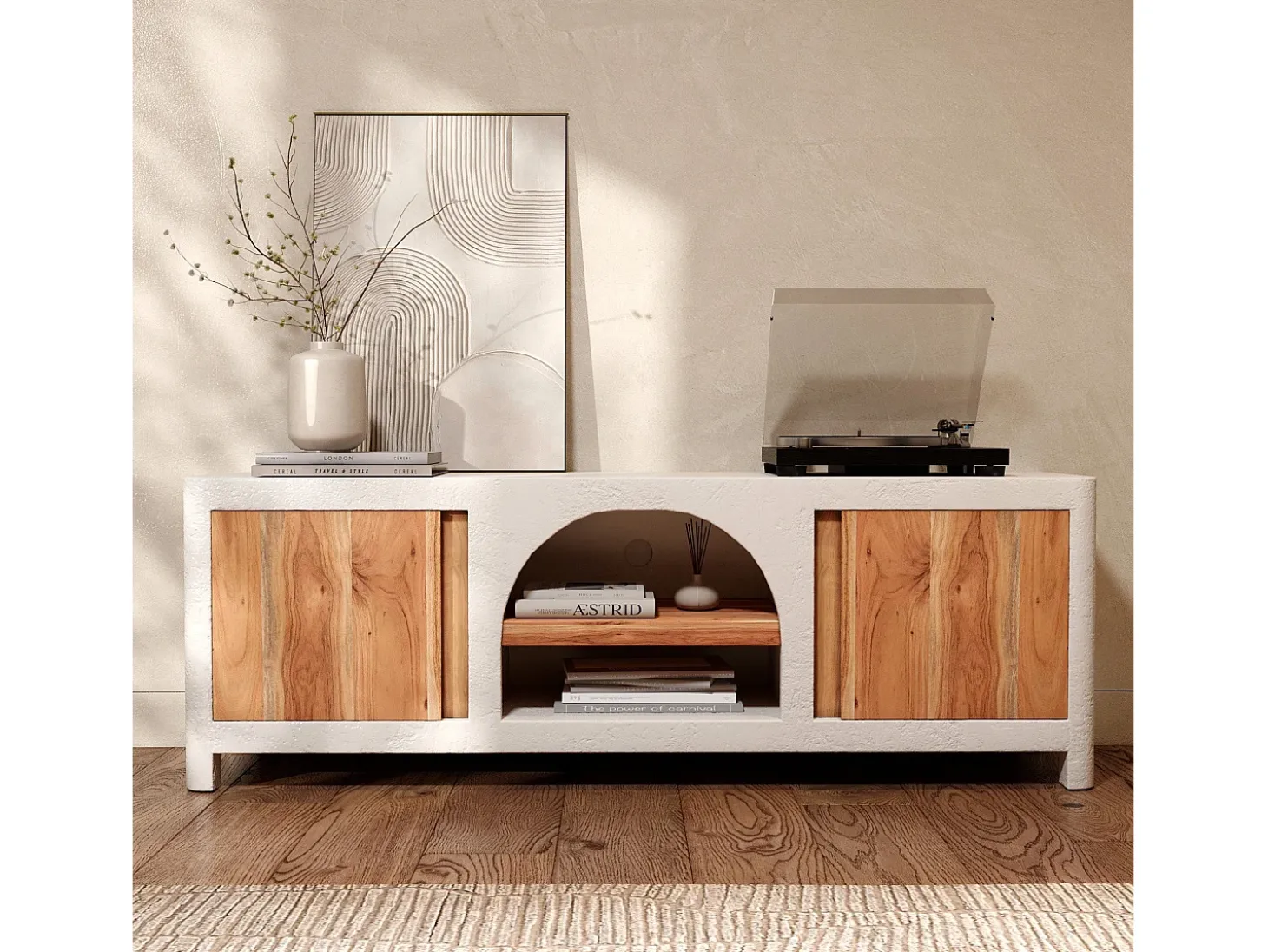 Mueble de TV en concreto blanco roto y madera de acacia 145 cm - Fira