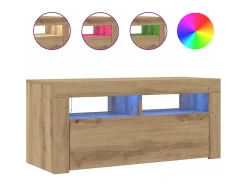 Mueble de TV luces LED madera roble artisan 90x35x40 cm