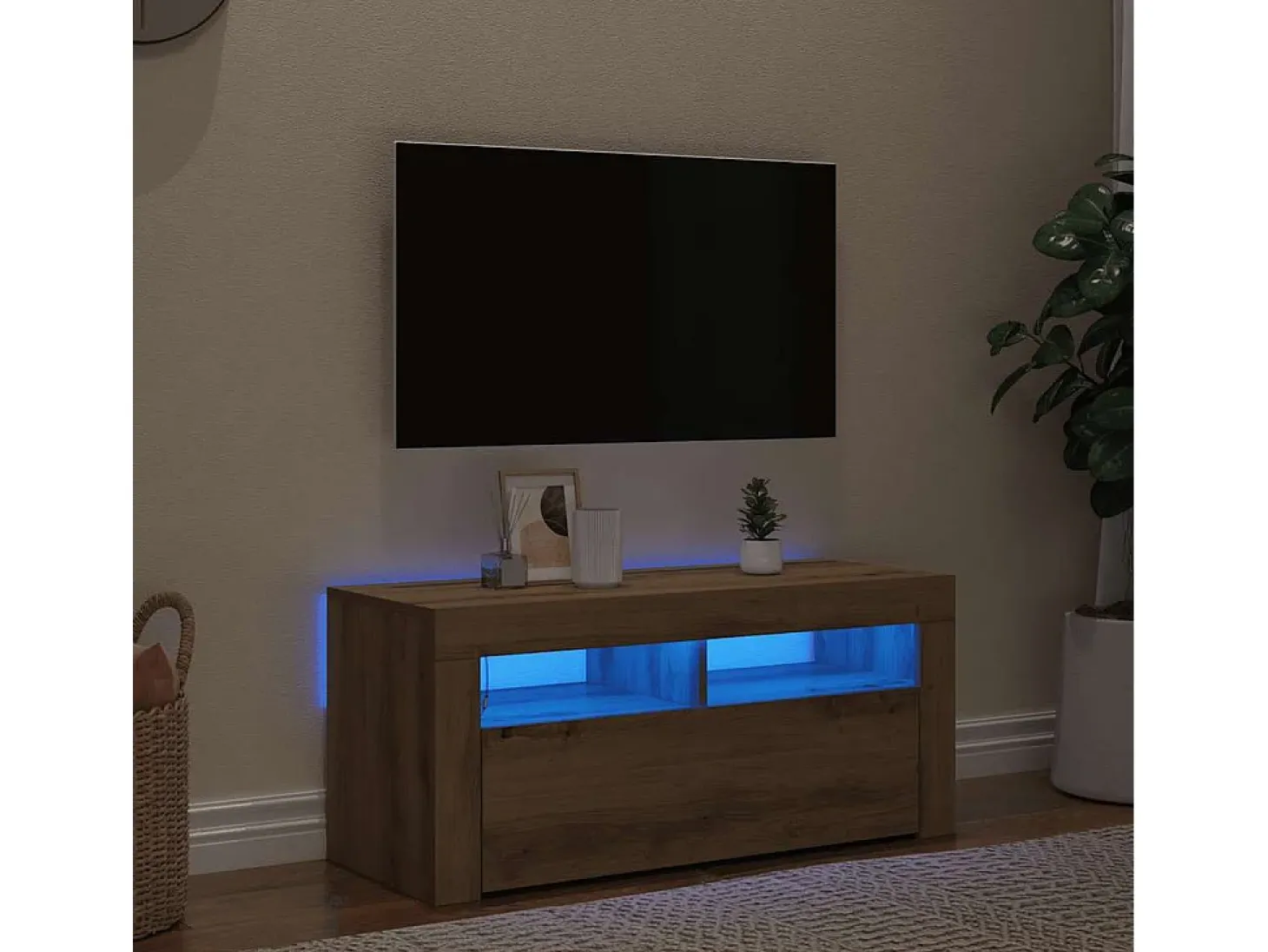 Mueble de TV luces LED madera roble artisan 90x35x40 cm