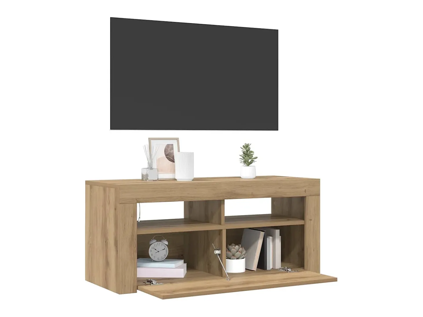 Mueble de TV luces LED madera roble artisan 90x35x40 cm