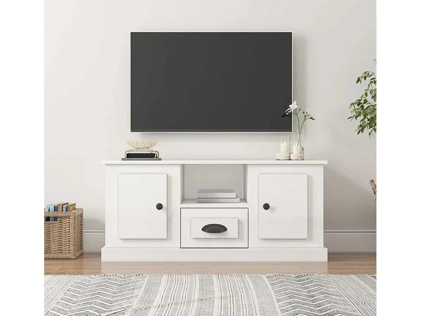 Mueble de TV madera contrachapada blanco brillo 100x35,5x45 cm