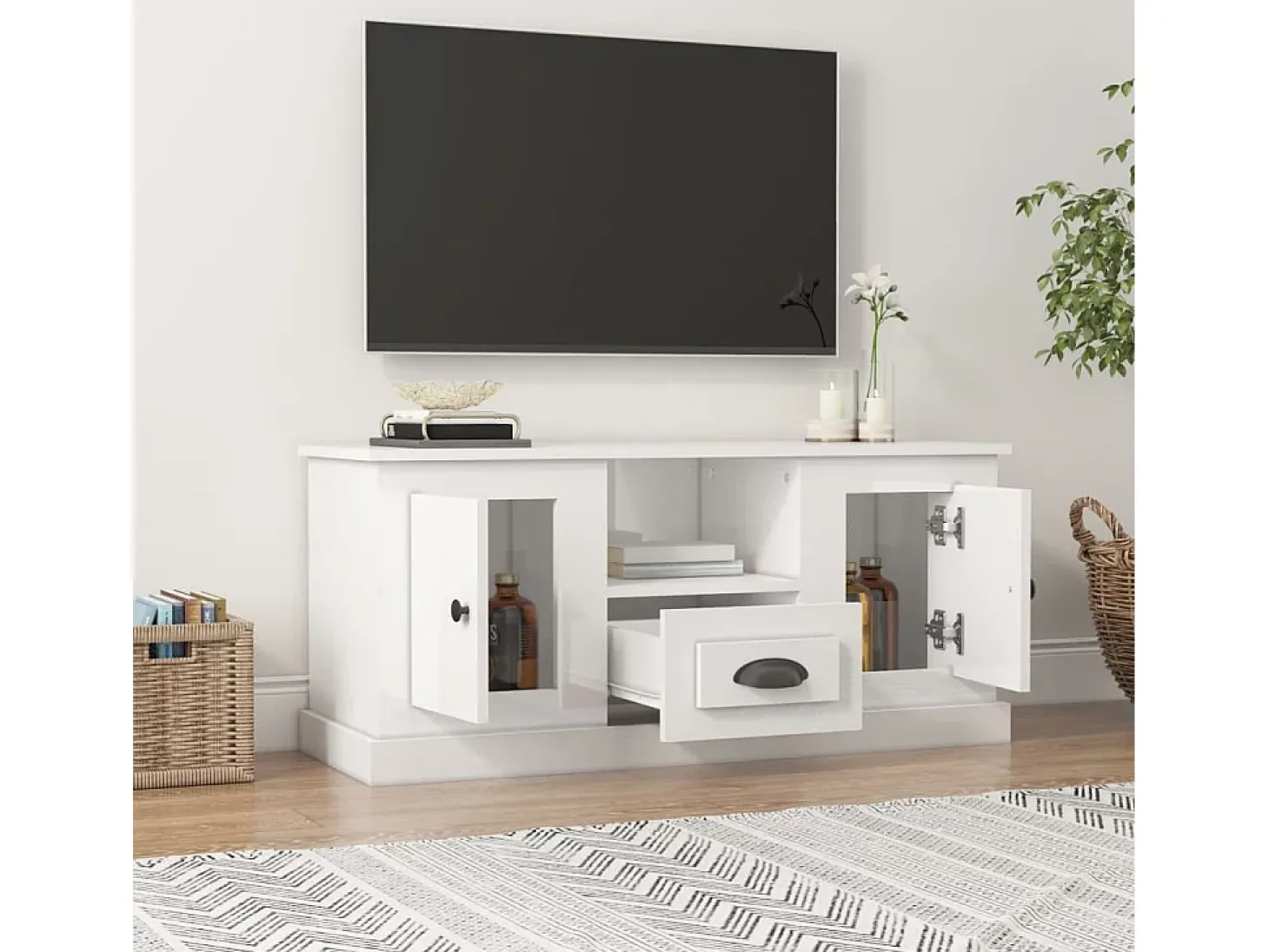 Mueble de TV madera contrachapada blanco brillo 100x35,5x45 cm