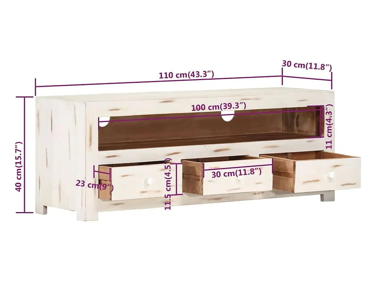 Mueble de TV madera de acacia maciza blanco 110x30x40 cm