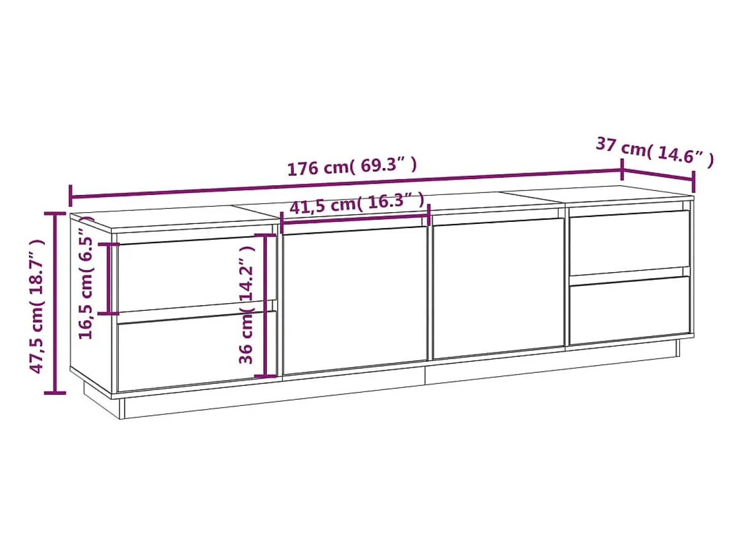Mueble de TV madera maciza de pino blanco 176x37x47,5 cm