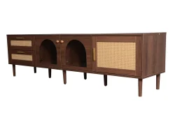 Mueble de TV marrón - Mueble de TV con 2 cajones de ratán y 3 puertas - Iluminación LED