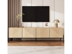 Mueble de TV moderno - 163,5 x 40 x 45 cm - con 4 puertas - diseño geométrico y textura 3D - MDF - natural
