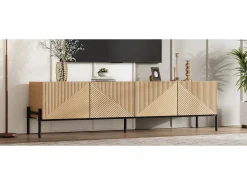 Mueble de TV moderno - 163,5 x 40 x 45 cm - con 4 puertas - diseño geométrico y textura 3D - MDF - natural