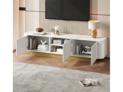 Mueble de TV moderno - 170 x 40,5 x 47 cm - con 3 puertas - frontal texturizado - MDF + aglomerado - blanco