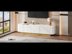 Mueble de TV moderno - 170 x 40,5 x 47 cm - con 3 puertas - frontal texturizado - MDF + aglomerado - blanco