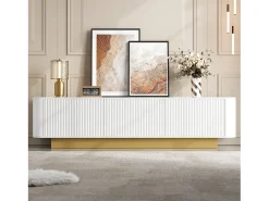 Mueble de TV moderno - 170 x 40,5 x 47 cm - con 3 puertas - frontal texturizado - MDF + aglomerado - blanco