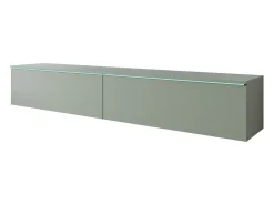 Mueble de TV moderno 180 cm para salón – 2 puertas, sin tiradores, acabado mate, para colocar o colgar, verde bruma