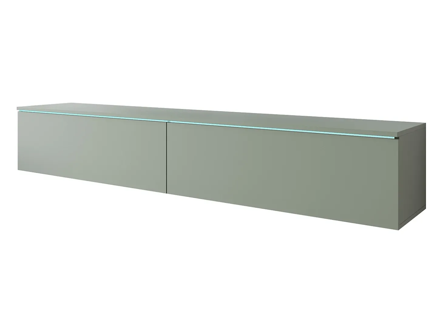 Mueble de TV moderno 180 cm para salón – 2 puertas, sin tiradores, acabado mate, para colocar o colgar, verde bruma