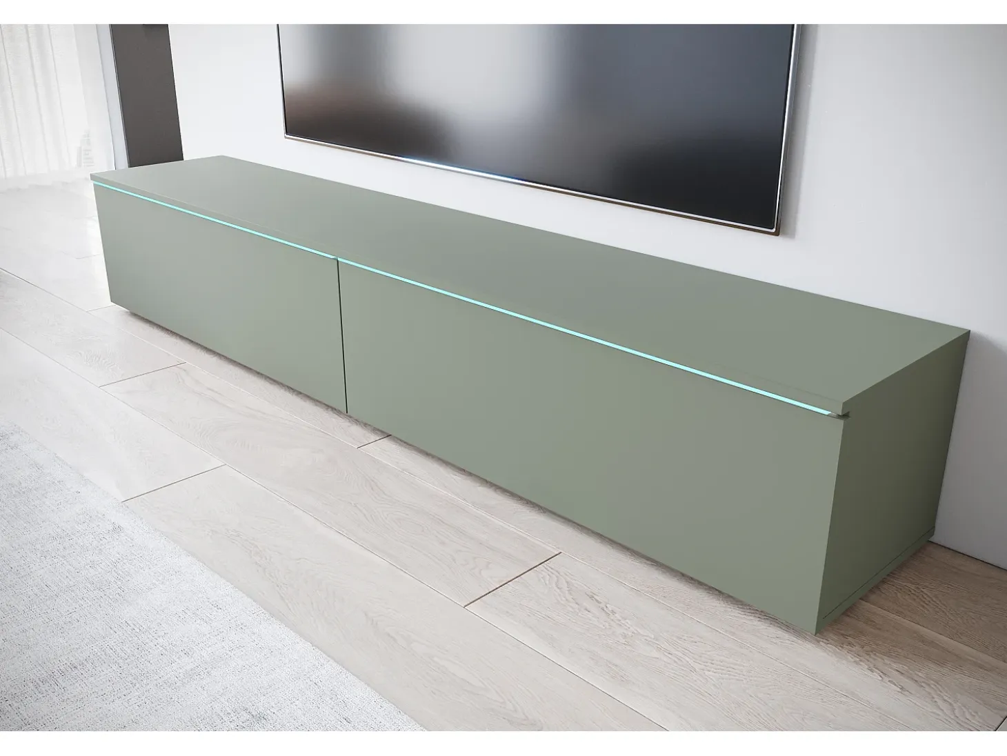 Mueble de TV moderno 180 cm para salón – 2 puertas, sin tiradores, acabado mate, para colocar o colgar, verde bruma