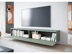 Mueble de TV moderno 180 cm para salón – 2 puertas, sin tiradores, acabado mate, para colocar o colgar, verde bruma
