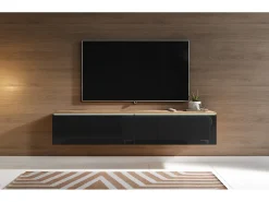 Mueble de TV moderno 140 cm con LED 2 puertas, sin tiradores, cuerpo roble wotan, frentes negro brillo, de pie o suspendido