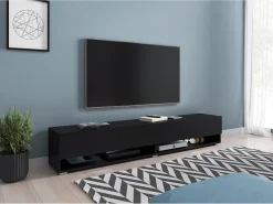 Mueble de TV moderno 180 cm con LED sin tiradores – negro mate colgante o de pie