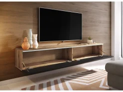 Mueble de TV moderno 180 cm para salón – 2 puertas, sin tiradores, mate + brillo, para colocar o colgar, roble wotan / negro brillo
