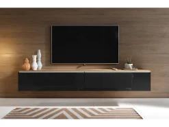 Mueble de TV moderno 180 cm para salón – 2 puertas, sin tiradores, mate + brillo, para colocar o colgar, roble wotan / negro brillo