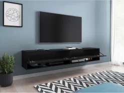 Mueble de TV moderno 180 cm – sin tiradores, color negro, mate, de pie o colgado