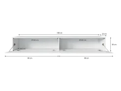 Mueble de TV moderno 180 cm con LED para salón – 2 puertas, sin tiradores, blanco mate, de pie o suspendido, frentes MDF espiga
