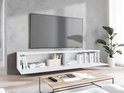 Mueble de TV moderno 180 cm con LED para salón – 2 puertas, sin tiradores, blanco mate, de pie o suspendido, frentes MDF espiga