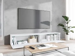 Mueble de TV moderno 180 cm con LED para salón – 2 puertas, sin tiradores, blanco mate, de pie o suspendido, frentes MDF espiga