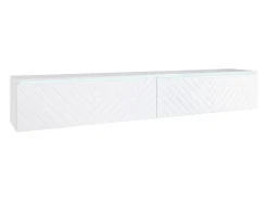 Mueble de TV moderno 180 cm con LED para salón – 2 puertas, sin tiradores, blanco mate, de pie o suspendido, frentes MDF espiga