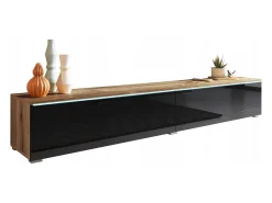 Mueble de TV moderno 180 cm para salón con LED – 2 puertas, sin tiradores, cuerpo roble wotan, frentes negro brillo, de pie o suspendido