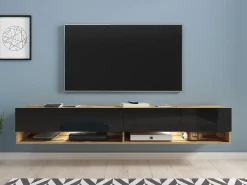 Mueble de TV moderno 180 cm – sin tiradores, cuerpo roble Wotan, frentes negro brillo, de pie o colgado