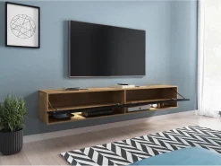 Mueble de TV moderno 180 cm – sin tiradores, cuerpo roble Wotan, frentes negro brillo, de pie o colgado