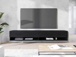 Mueble de TV moderno 180 cm con LED – cuerpo negro mate, frentes MDF ondas, sin tiradores, colgante o de pie