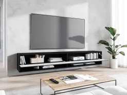 Mueble de TV moderno 180 cm con LED – cuerpo negro mate, frentes MDF ondas, sin tiradores, colgante o de pie