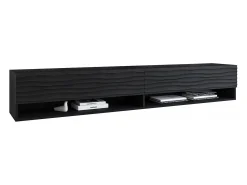 Mueble de TV moderno 180 cm con LED – cuerpo negro mate, frentes MDF ondas, sin tiradores, colgante o de pie