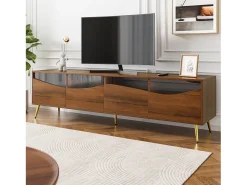 Mueble de TV moderno 180 x 40 x 50 cm con LEDs - patas de metal dorado - frente de cristal y 4 cajones - MDF - natural