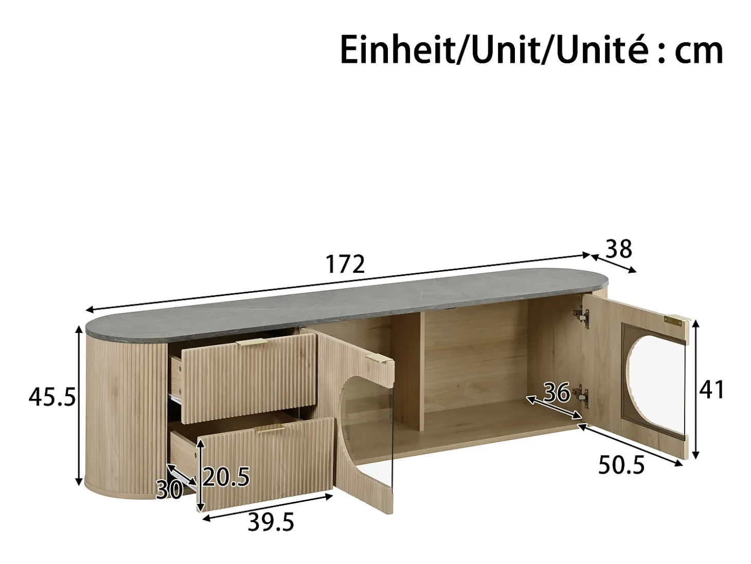 Mueble de TV moderno aspecto madera - 172x38x45,5 cm - 2 puertas y 2 cajones - Tablero efecto mármol - MDF - Natural