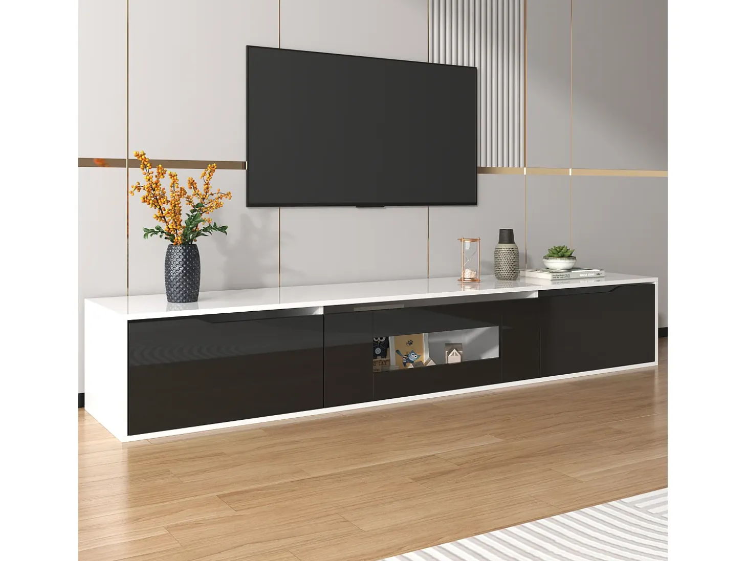 Mueble de TV moderno con 3 puertas de alto brillo, iluminación LED, tablero de partículas, color: blanco y negro
