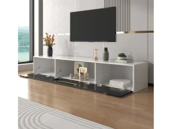 Mueble de TV moderno con 3 puertas de alto brillo, iluminación LED, tablero de partículas, color: blanco y negro