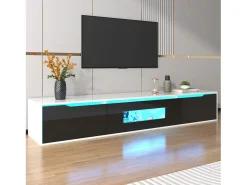 Mueble de TV moderno con 3 puertas de alto brillo, iluminación LED, tablero de partículas, color: blanco y negro