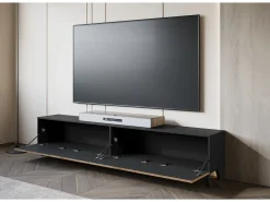 Mueble de TV moderno de 190 cm grafito negro/roble wotan con patas para salón, frentes MDF fresados en espiga