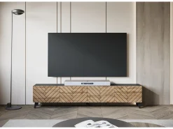 Mueble de TV moderno de 190 cm grafito negro/roble wotan con patas para salón, frentes MDF fresados en espiga