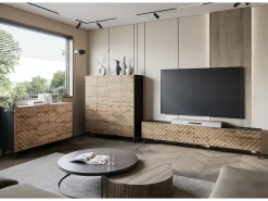 Mueble de TV moderno de 190 cm grafito negro/roble wotan con patas para salón, frentes MDF fresados en espiga