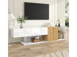 Mueble de TV moderno de alto brillo - 180 x 38 x 48 cm - aspecto madera + estantes de cristal + 2 puertas - aglomerado - blanco