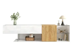 Mueble de TV moderno de alto brillo - 180 x 38 x 48 cm - aspecto madera + estantes de cristal + 2 puertas - aglomerado - blanco