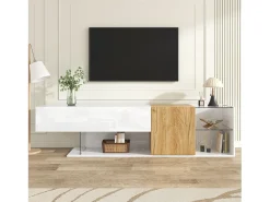 Mueble de TV moderno de alto brillo - 180 x 38 x 48 cm - aspecto madera + estantes de cristal + 2 puertas - aglomerado - blanco