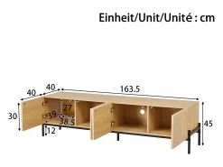 Mueble de TV moderno 163,5x40x45 cm - Almacenamiento de 4 puertas - Textura 3D - MDF - Natural