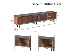 Mueble de TV moderno 190x35x45 cm - 2 puertas correderas y 2 puertas de tela metálica - Marrón