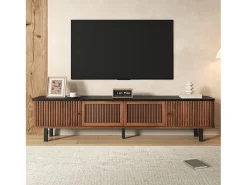 Mueble de TV moderno 190x35x45 cm - 2 puertas correderas y 2 puertas de tela metálica - Marrón
