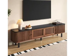 Mueble de TV moderno 190x35x45 cm - 2 puertas correderas y 2 puertas de tela metálica - Marrón