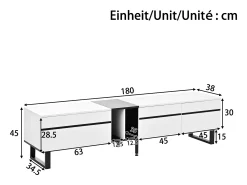 Mueble de TV moderno 180x38x45 cm - 3 puertas - con estantes abiertos - Blanco